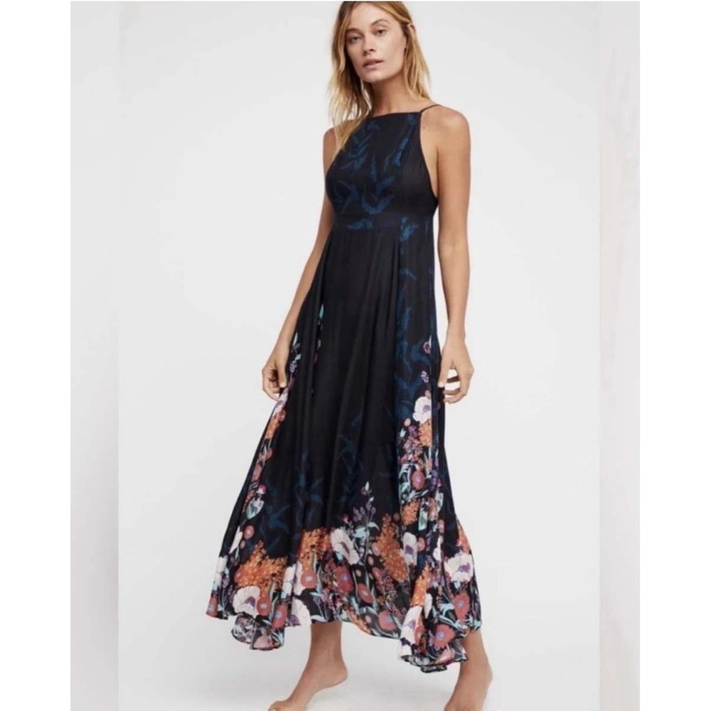 Free People Intimately Embrace It Maxi Dress Women XS Black Floral Boho Low Back